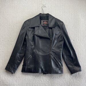 VTG 90's La Diligence Cuir Black Leather Biker Coat Jacket Canada Made Wom Sz L